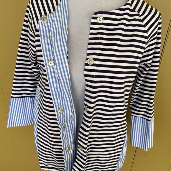 Foxcroft NYC women M snap front stripe shirt jacket w/pocket black white blue - Picture 5 of 12